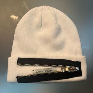 The New Designers Paris White Beanie with Black & Gold Zipper Accent O/S